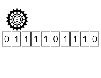 image with an animated 'gear' logo for TuringMachineWorks.com, illustrating a Turing Machine adder in operation